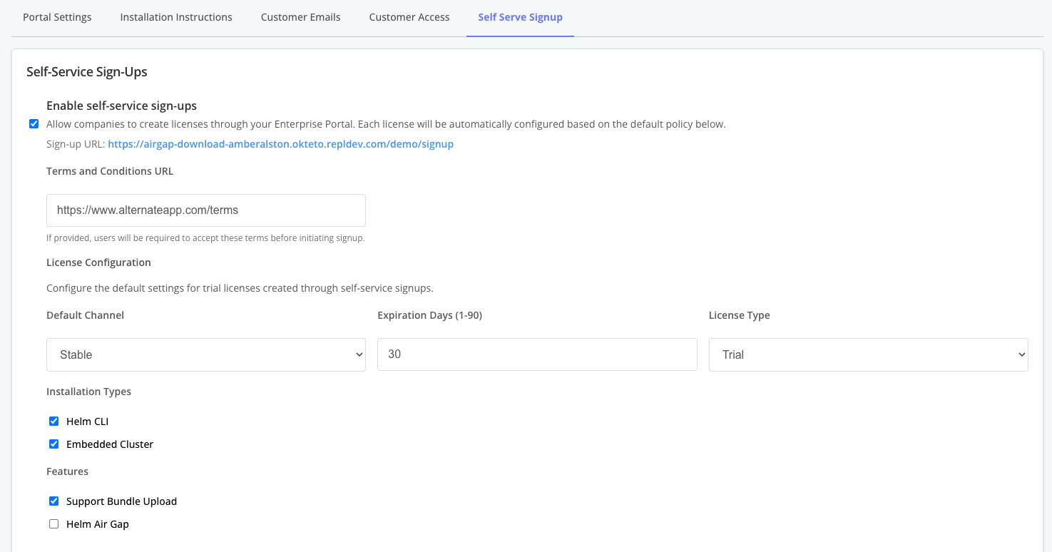 Self-Service Sign-Up Configuration Screen